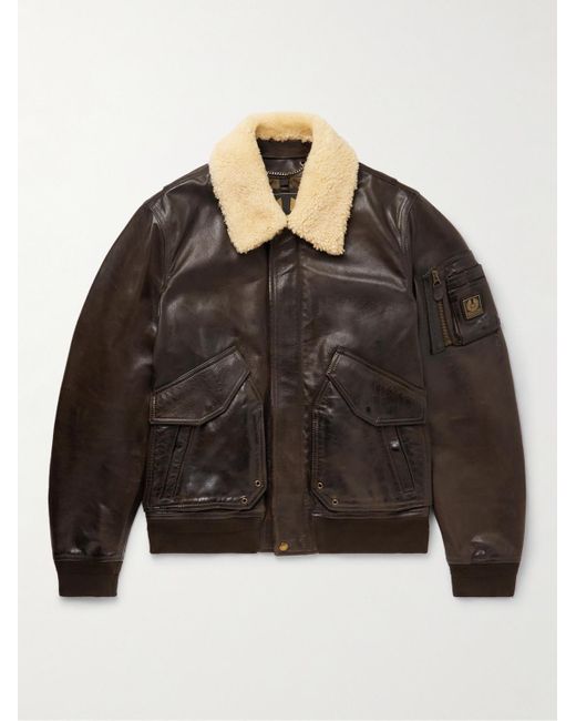 Belstaff Brown Carrier Shearling-trimmed Full-grain Leather Bomber Jacket for men