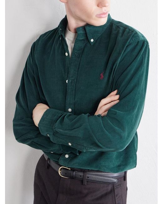Polo Ralph Lauren Green Button-Down Collar Logo-Embroidered Cotton-Corduroy Shirt for men