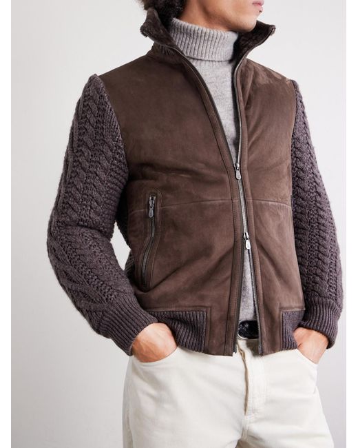 Brunello Cucinelli Brown Shearling And Cable-knit Cashmere Jacket for men