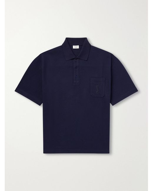 Saint Laurent Blue Cassandre-embroidered Cotton-piqué Polo Shirt for men