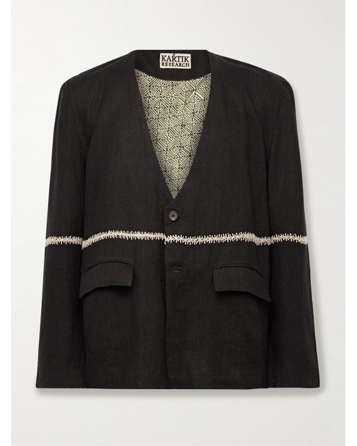 Kartik Research Black Unstructured Embroidered Linen Blazer for men