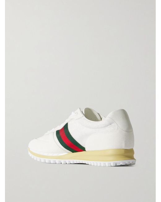 Gucci White Nora Leather And Webbing-Trimmed Suede And Canvas-Jacquard Sneakers for men