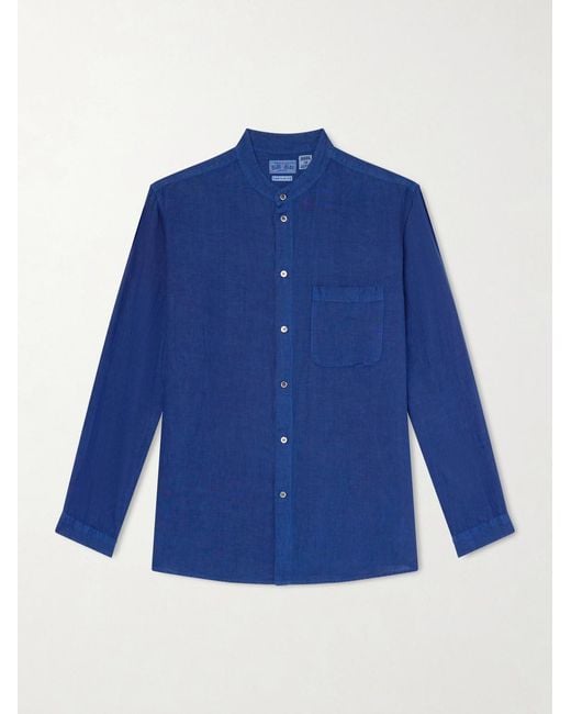 Blue Blue Japan Blue Grandad-collar Linen-chambray Shirt for men
