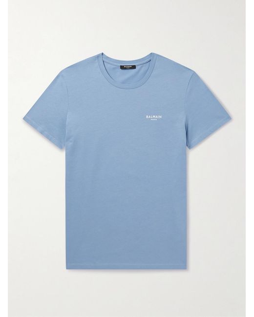 Balmain Blue Logo-Flocked Cotton-Jersey T-Shirt for men
