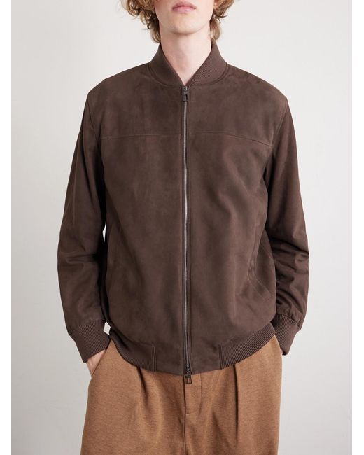 Loro Piana Brown Ivy Padded Suede Bomber Jacket for men
