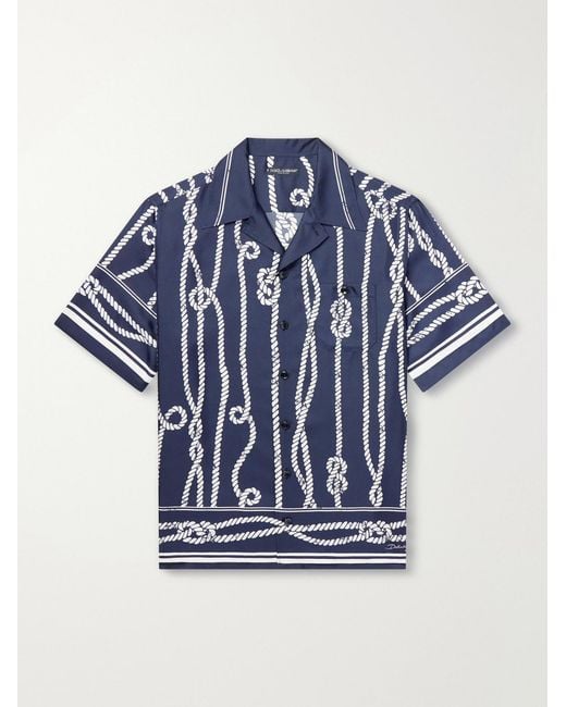 Dolce & Gabbana Blue Marina Camp-Collar Printed Silk-Twill Shirt for men