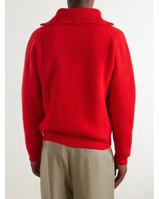 Jil Sander Red Ribbed Wool Zip-Up Sweater for men