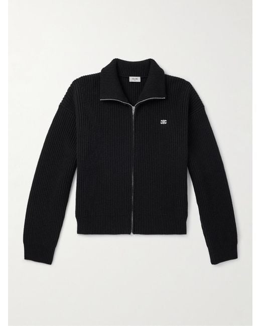 Céline Blue Logo-embroidered Ribbed Wool Zip-up Cardigan for men