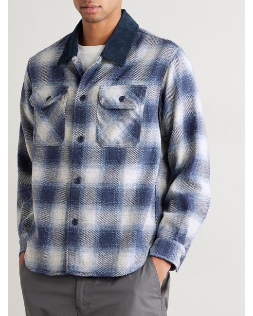 Remi Relief Blue Corduroy-Trimmed Checked Cotton-Flannel Shirt for men