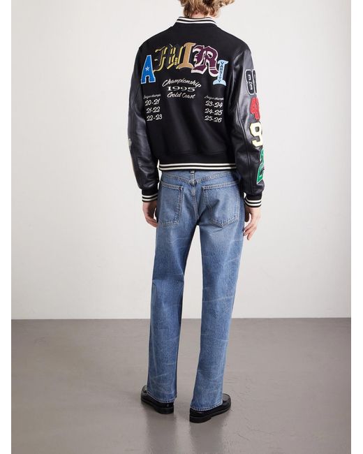 Amiri Blue Appliquéd Embroidered Leather And Wool-blend Varsity Jacket for men