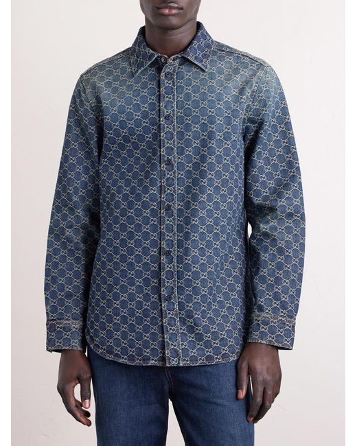 Gucci Blue Logo-Jacquard Denim Shirt for men