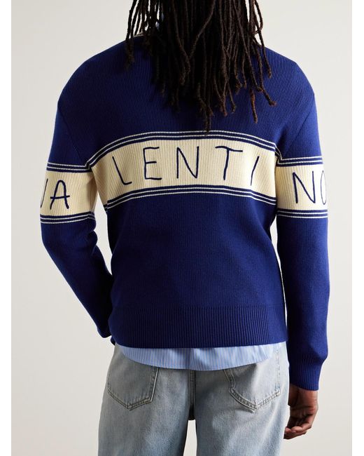 Valentino Garavani Blue Embroidered Striped Virgin Wool And Cotton-Blend Sweater for men