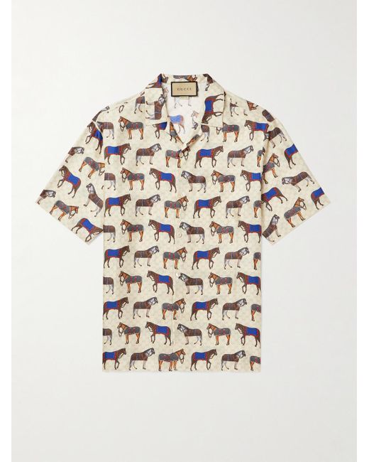 Gucci White Camp-collar Printed Monogrammed Silk-twill Shirt for men
