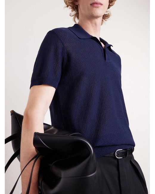 Mr P. Blue Honeycomb-knit Organic Cotton Polo Shirt for men