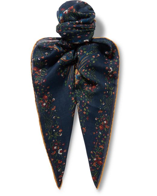Drake's Blue Birds Of Paradise Printed Wool And Silk-blend Scarf for men