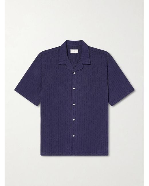 Officine Generale Blue Eren Camp-collar Cotton And Lyocell-blend Seersucker Shirt for men