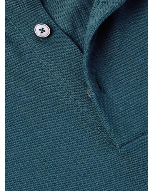 Zegna Blue Slim-Fit Leather-Trimmed Cotton-Piqué Polo Shirt for men
