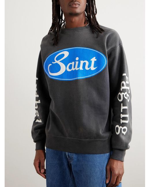 SAINT Mxxxxxx Gray Logo-Print Distressed Cotton-Jersey Sweatshirt for men