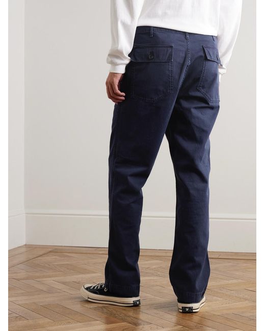 Hartford Blue Fatigue Straight-Leg Garment-Dyed Herringbone Cotton-Gabardine Trousers for men