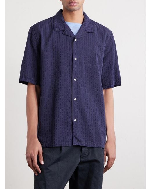 Officine Generale Blue Eren Camp-collar Cotton And Lyocell-blend Seersucker Shirt for men