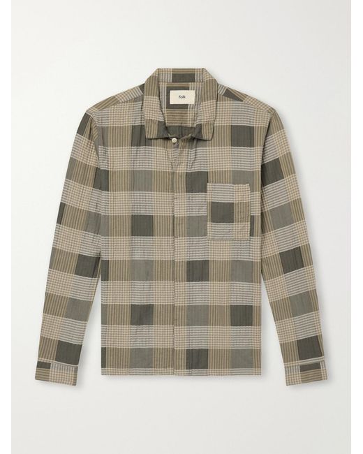 Folk Green Patch Checked Cotton-Blend Seersucker Shirt for men