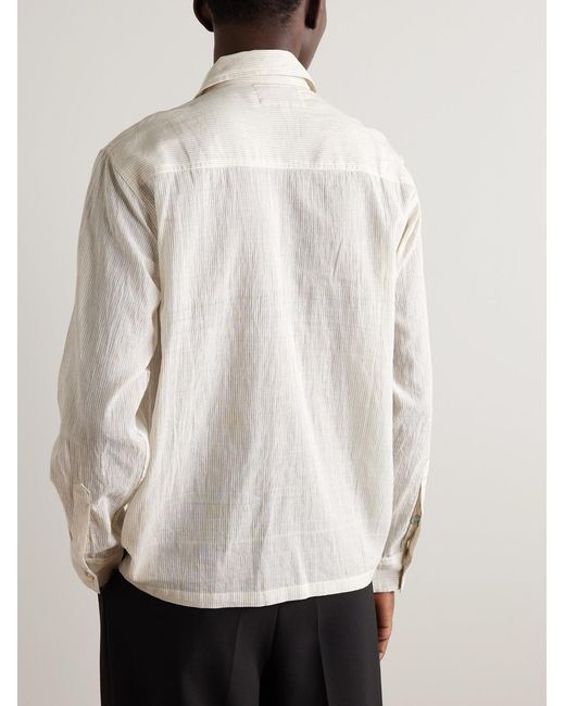 Kartik Research White Embellished Striped Cotton Shirt for men