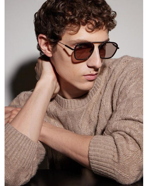 Zegna Brown Round-frame Titanium Sunglasses for men