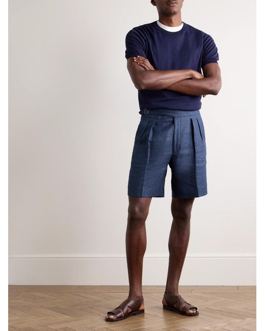 Ralph Lauren Purple Label Blue Straight-leg Pleated Herringbone Linen And Silk-blend Shorts for men