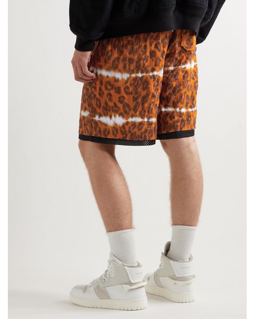 Acne Brown Rong Straight-Leg Mesh-Trimmed Leopard-Print Herringbone Cotton-Blend Shorts for men