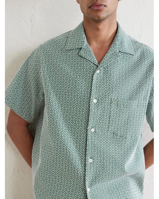 Portuguese Flannel Blue Portuguese Tile Camp-Collar Embroidered Cotton-Blend Shirt for men