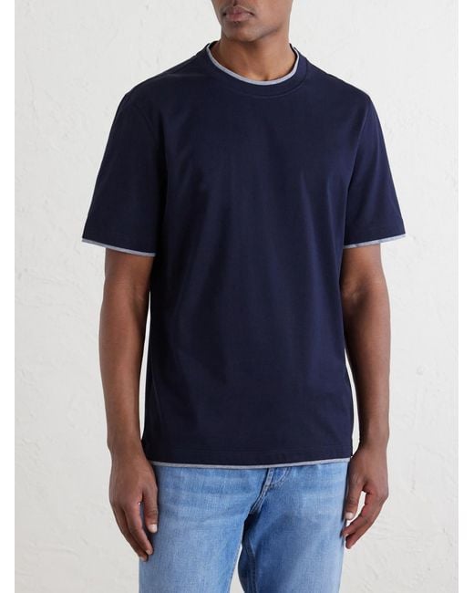 Brunello Cucinelli Blue Layered Cotton-Jersey T-Shirt for men