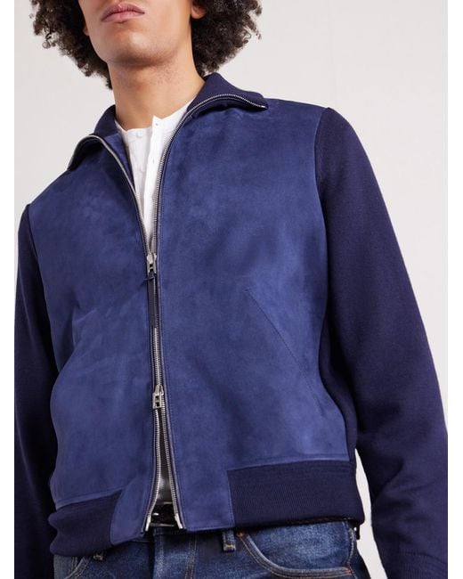 Tom Ford Blue Slim-fit Merino Wool-blend And Suede Bomber Jacket for men