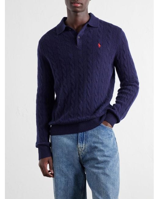 Polo Ralph Lauren Blue Cable-Knit Wool And Cashmere-Blend Polo Sweater for men