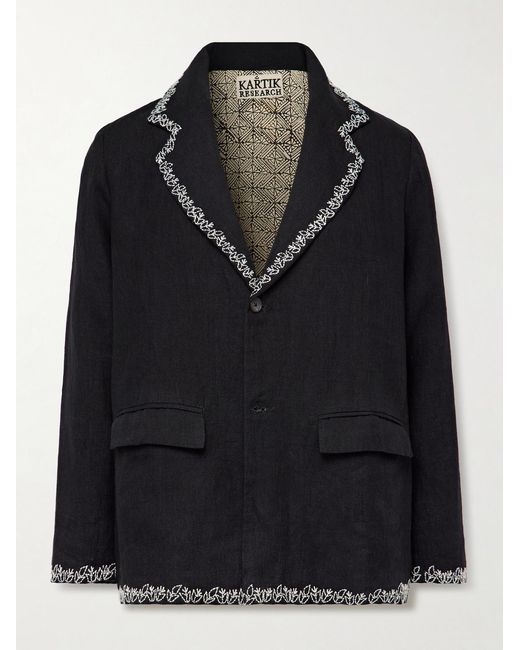 Kartik Research Black Unstructured Embroidered Linen Blazer for men