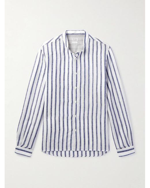 Brunello Cucinelli White Grandad-collar Striped Linen Shirt for men