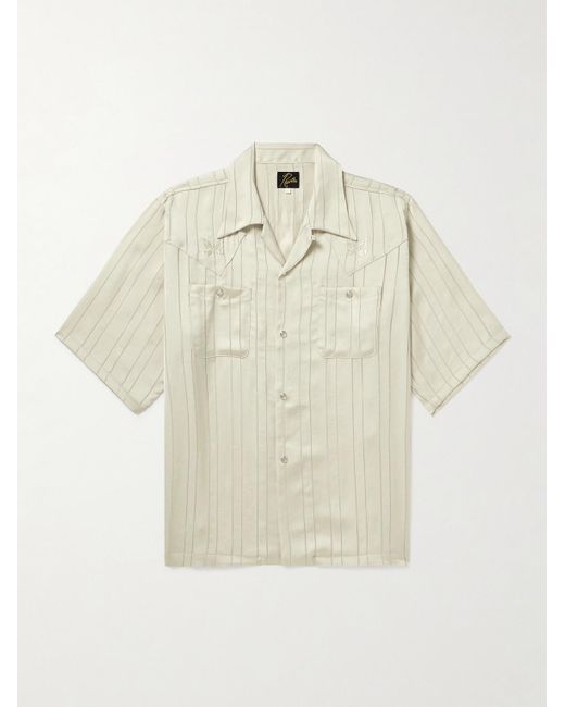 Needles Natural Camp-collar Logo-embroidered Striped Georgette Western Shirt for men
