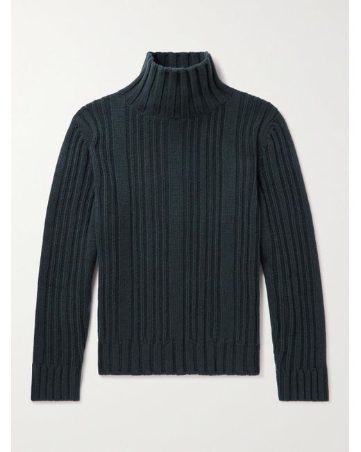 Loro Piana Blue Ribbed Baby Cashmere Rollneck Sweater for men