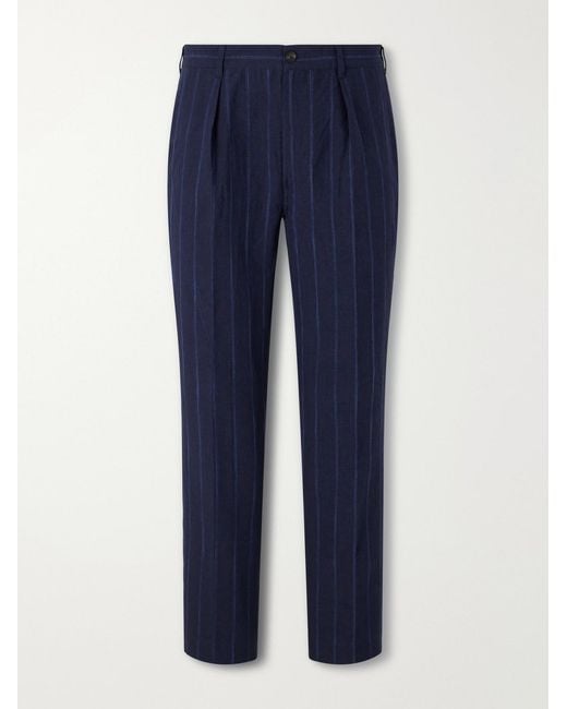Drake's Blue Games Straight-leg Pinstriped Cotton And Linen-blend Suit Trousers for men