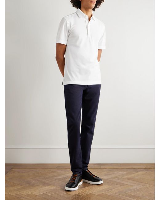 Zegna White Leather-trimmed Cotton-piqué Polo Shirt for men
