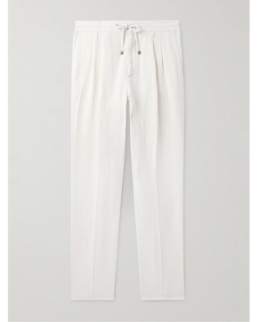Pantaloni a gamba dritta in twill di lino con pinces e coulisse di Brunello Cucinelli in White da Uomo