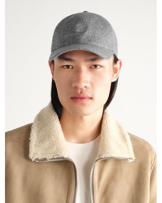 Brunello Cucinelli Gray Logo Virgin Wool Flannel Baseball Cap