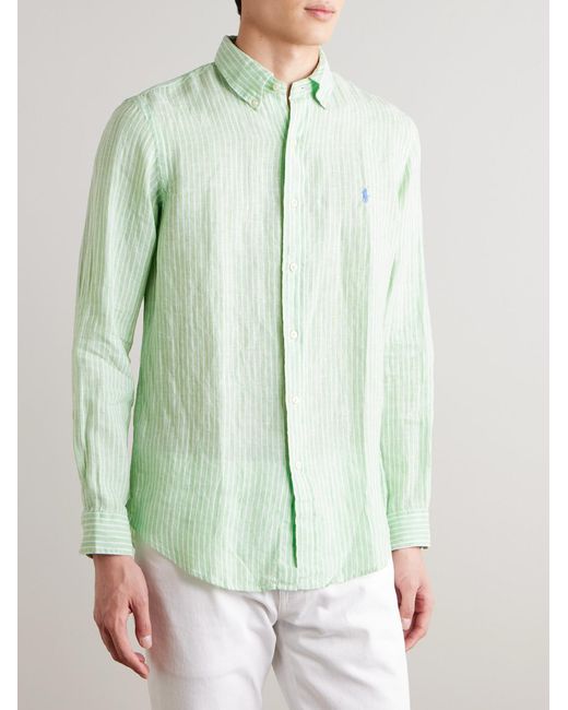 Polo Ralph Lauren Green Button-Down Collar Logo-Embroidered Striped Linen Shirt for men