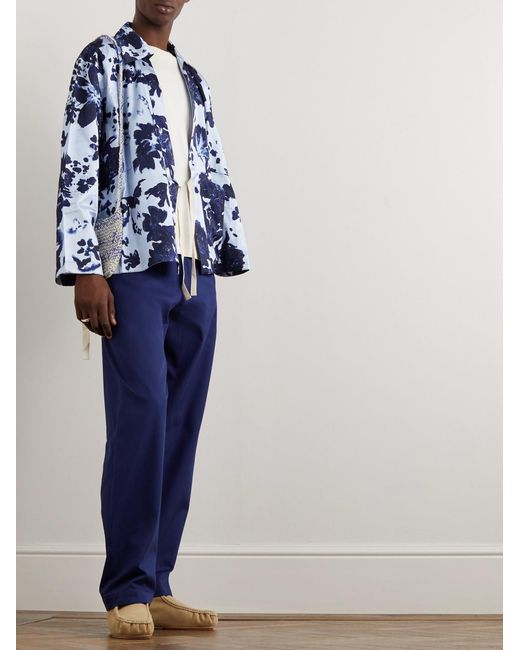 Nicholas Daley Blue Straight-Leg Jacquard-Trimmed Cotton-Drill Trousers for men