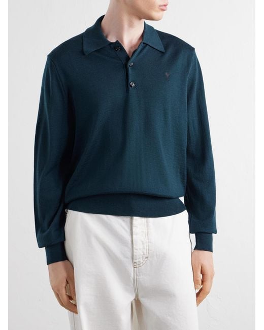 AMI Blue Merino Wool Polo Shirt for men