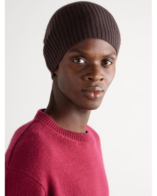 Allude Brown Ribbed Cashmere Beanie for men