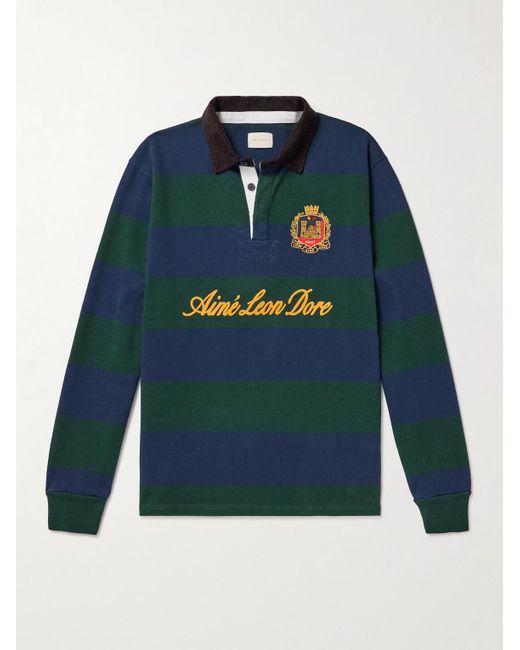 Aimé Leon Dore Blue Embroidered Logo-Flocked Corduroy-Trimmed Striped Cotton-Jersey Rugby Shirt for men