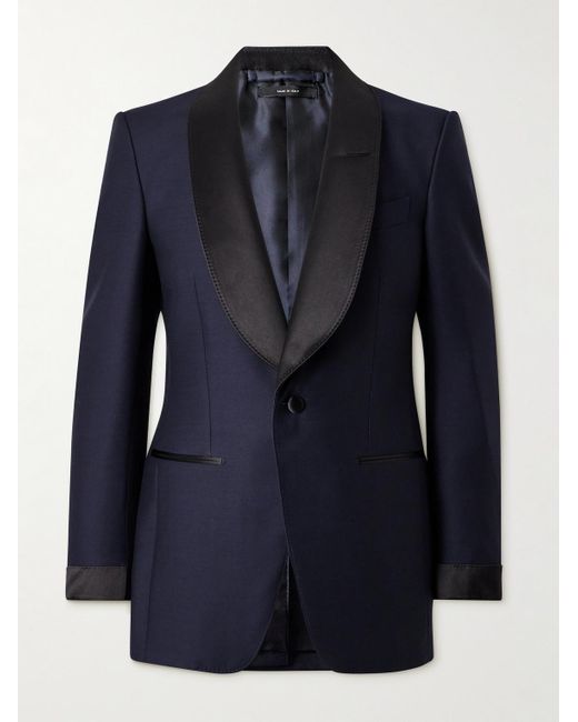Tom Ford Blue Sim-fit Shawl-collar Satin-trimmed Wool And Silk-blend Tuxedo Jacket for men