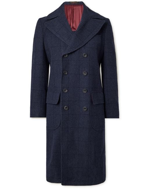 Rubinacci Blue Ulster Double-Breasted Checked Wool Coat for men