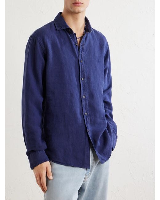 Polo Ralph Lauren Blue Logo-Embroidered Linen Shirt for men