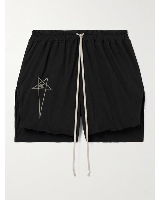 Rick Owens Black Champion Dolphin Straight-leg Logo-embroidered Cotton-jersey Shorts for men
